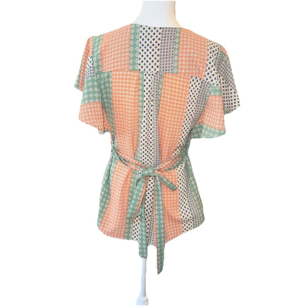 Faith and Joy Striped Patchwork Blouse Belted Waist Flutter Sleeve Size M - Picture 5 of 6